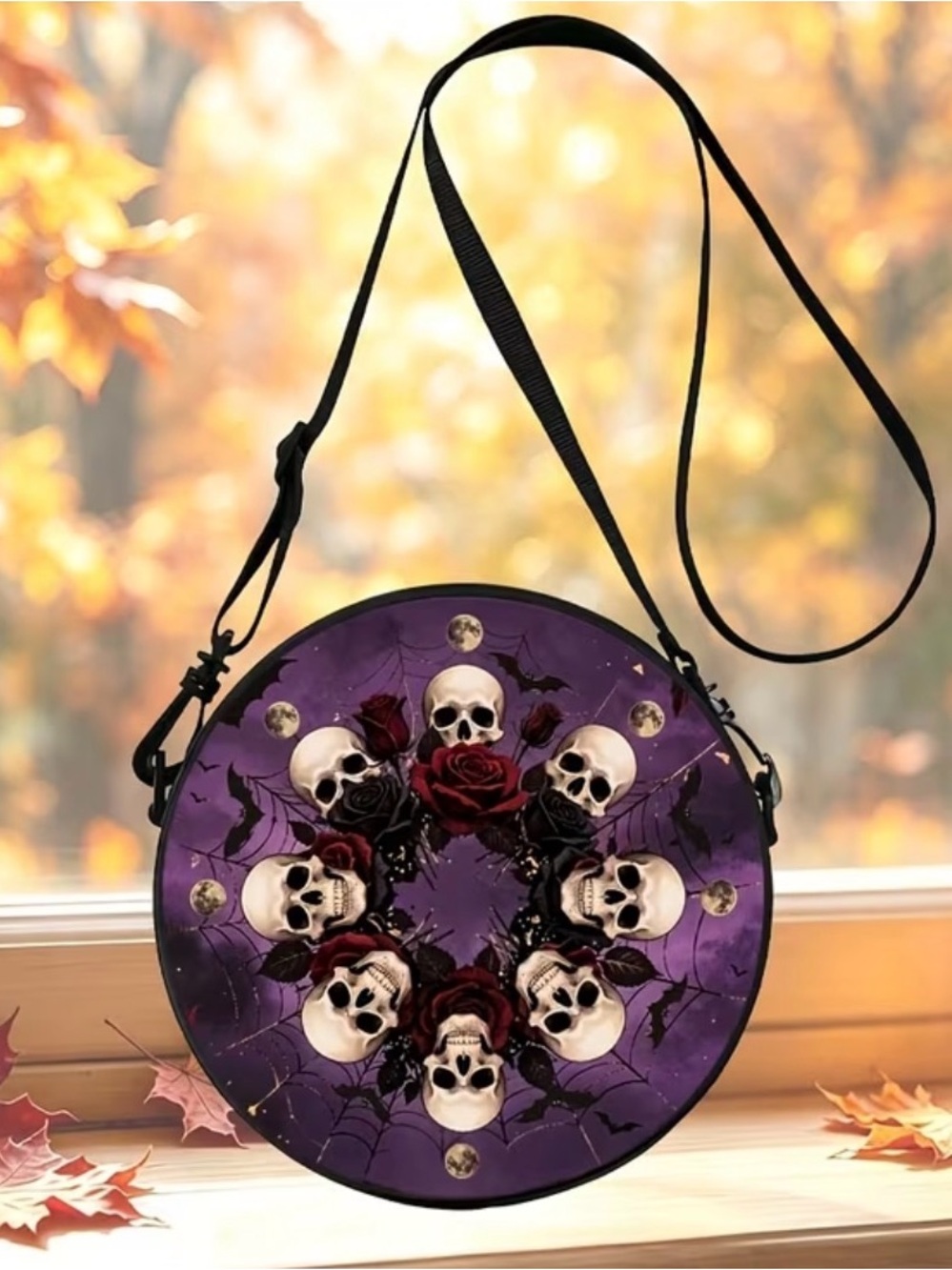 Skull & Rose Round Crossbody Bag in Purple